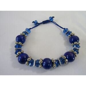 Blue Bead Silver Tone Wrist Bracelet 6" Y2K‎ Rhinestone Whimsical Art Boho